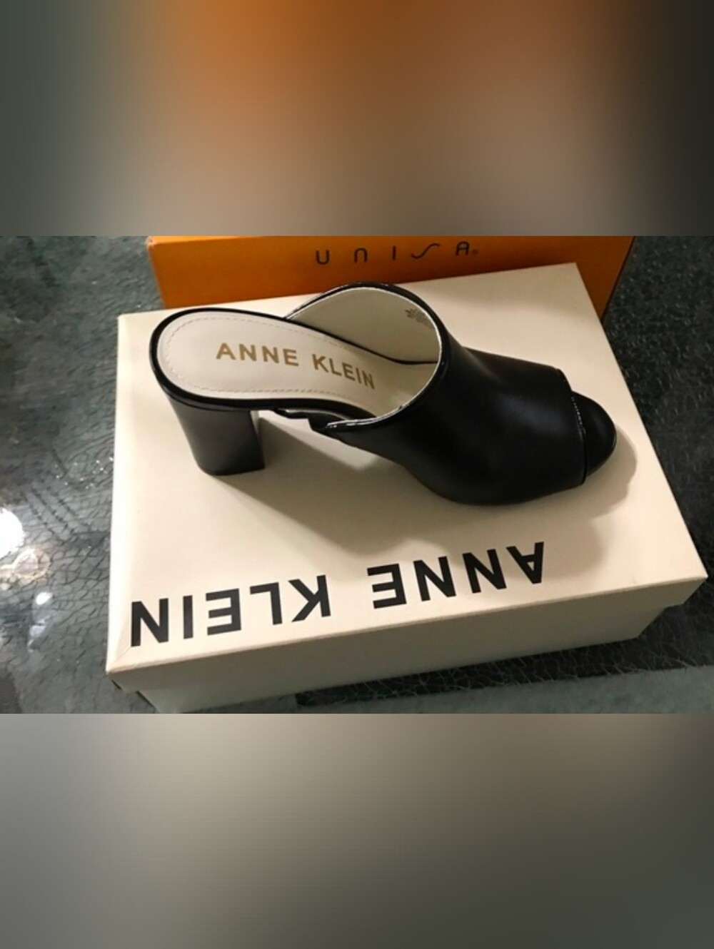Anne Klein Black Slip-On Leather Block Heel Mule